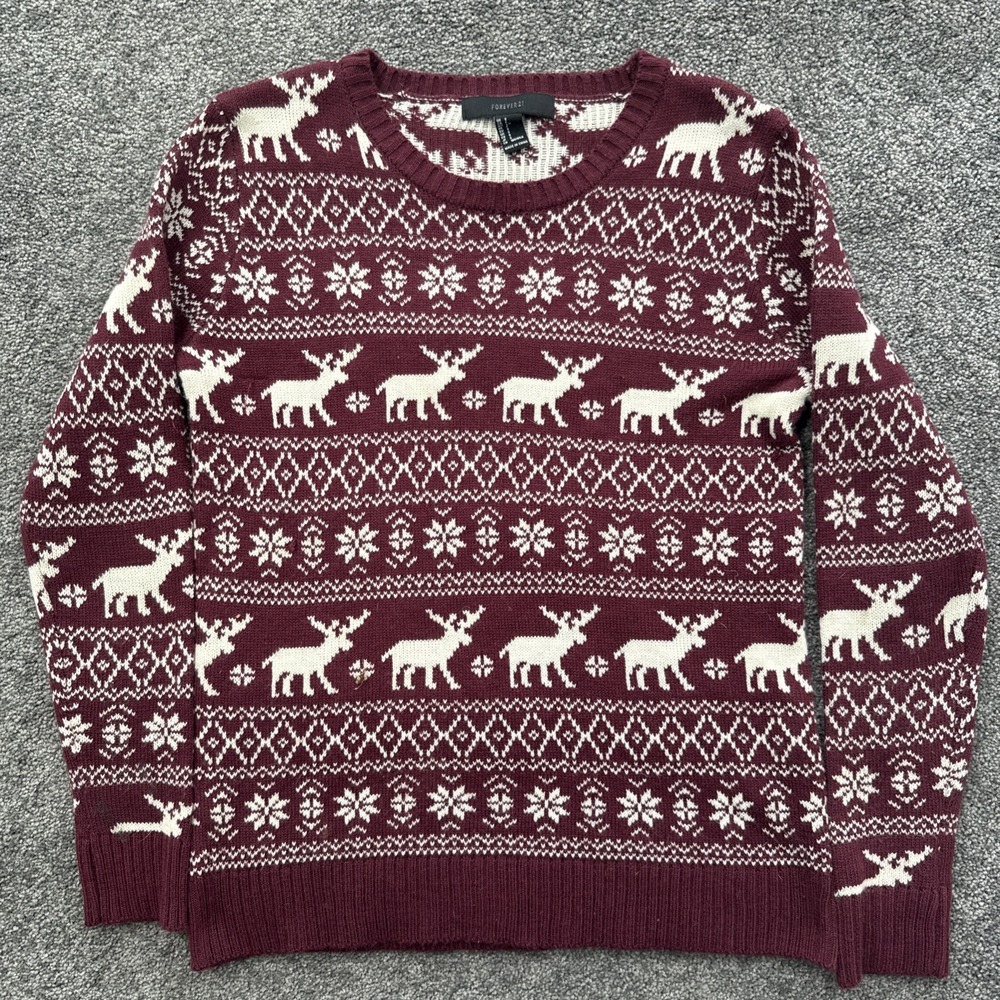 Mens S Forever 21 Sweater Moose Fairisle Nordic Snowflakes Red White Crewneck